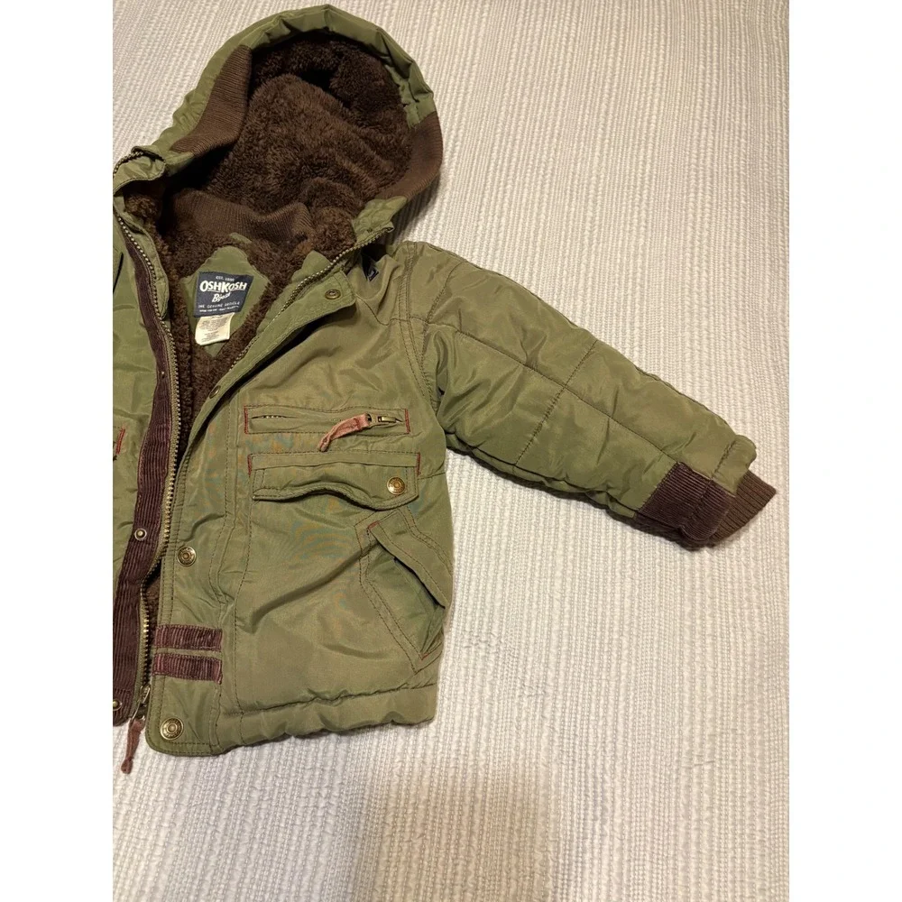 OshKosh Bgosh Boys Olive Green Faux Fur Lined Puffer Jacket Coat Size 5